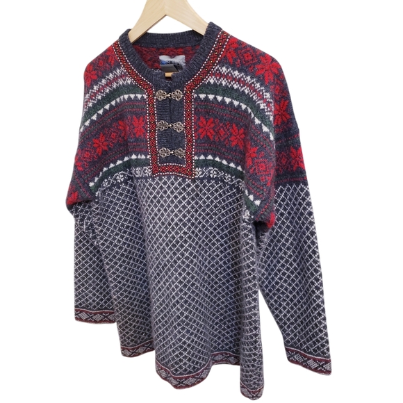 Squaw Valley Wool Nordic Fairisle Patterned Sweater Ornate Metal Clasps Sz L - Picture 2 of 10